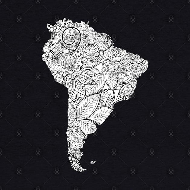 Mandala art map of South America with text in white by Happy Citizen